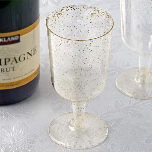 50 Gold Glitter Disposable Wine Glasses | 7 oz. Clear Hard Plastic Disposable Fancy Cups for Parties & Weddings (50-Pack) by BloominGoods