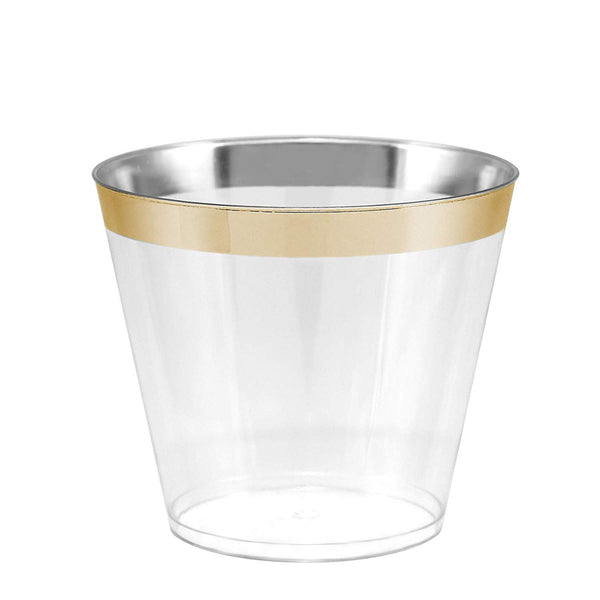 100 Gold Rimmed Clear Hard Plastic Cups | 9 oz. Fancy Disposable Tumblers (100-Pack) by Bloomingoods