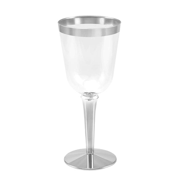 50 Silver Rimmed Disposable Plastic Wine Glasses | Large 10 oz. Premium Clear Hard Plastic Fancy Wine Cups for Weddings & Events (50-Pack) by BloominGoods