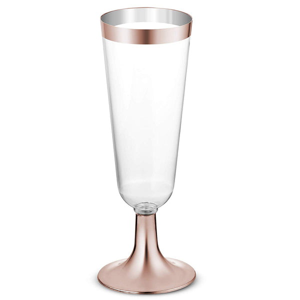 50 Plastic Rose Gold Rimmed Champagne Flutes | 5.5 oz. Clear Hard Disposable Party & Wedding Cups | Premium Heavy Duty Fancy Champagne Flute or Toasting Glasses (50-Pack) Gold Rim by Bloomingoods