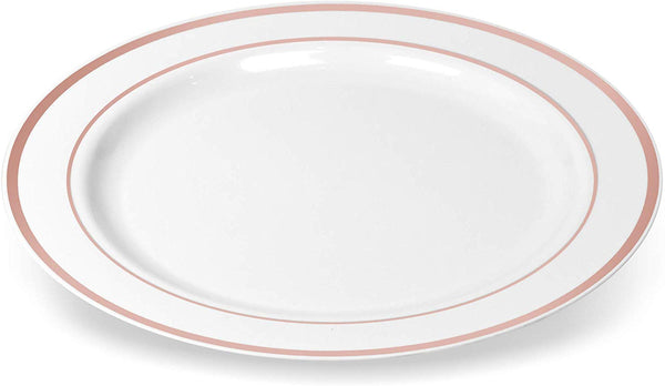 BloominGoods - Disposable Plastic plates, White with ROSE GOLD Rim - 10.25" Dinner Plates (100-pack)