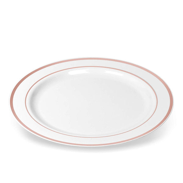50 Disposable White Rose Gold Rimmed Heavy Duty Plastic Plates | 25 Dinner Plates and 25 Dessert or Appetizer Plates | Premium Combo Disposable Dinnerware Set | Great for Parties or Weddings.