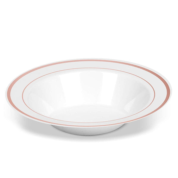 50 Disposable White with Rose Gold Trim Plastic Soup Bowls | 14 oz. Premium Heavy Duty Disposable Dinnerware with Real China Design | Safe & Reusable and Great for Parties or Weddings. (50-Pack)