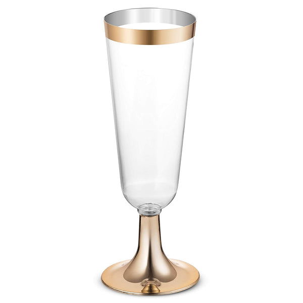 50 Plastic Gold Rimmed Champagne Flutes | 5.5 oz. Clear Hard Disposable Party & Wedding Glass | Premium Heavy Duty Fancy Cup (50-Pack) by BloominGoods