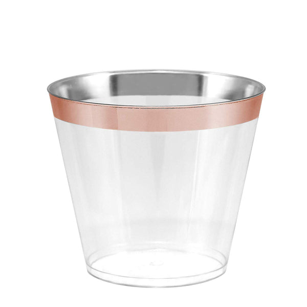 100 Rose Gold Rimmed Clear Hard Plastic Cups | 9 oz. Fancy Disposable Tumblers (100-Pack) by Bloomingoods
