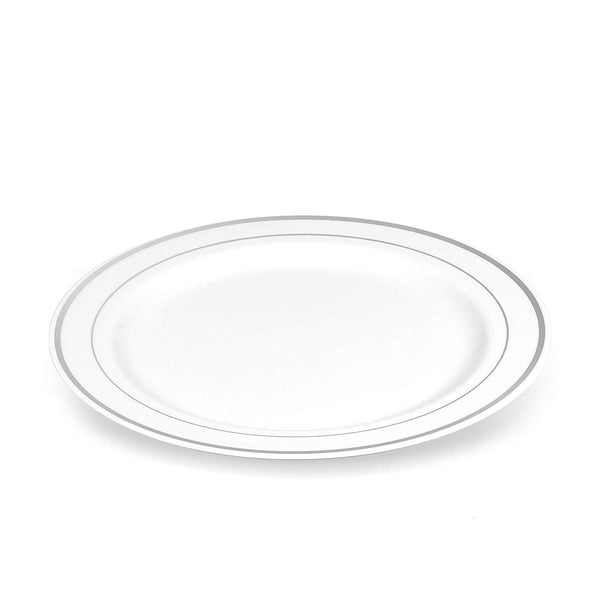BloominGoods - Disposable Plastic plates, White with SILVER Rim - 7.5" Dessert Plate (100-pack)