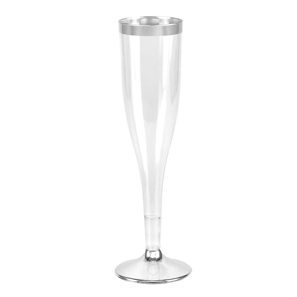 Plastic Champagne Glasses with Silver Rim, 50-Pack Disposable or Reusable Wine Glasses, 7 oz