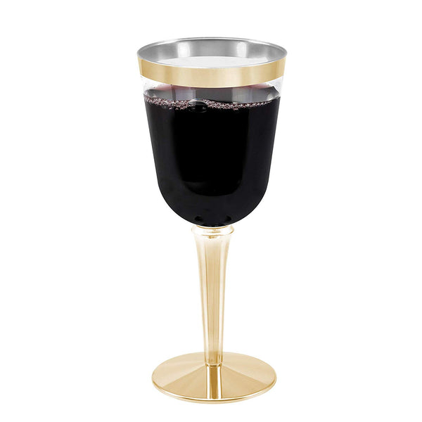 25 Gold Rimmed Disposable Plastic Wine Glasses | Large 10 oz. Premium Clear Hard Plastic Fancy Wine Cups for Weddings & Events (25-Pack) by BloominGoods