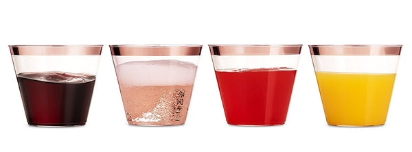 100 Rose Gold Rimmed Clear Hard Plastic Cups | 9 oz. Fancy Disposable Tumblers (100-Pack) by Bloomingoods