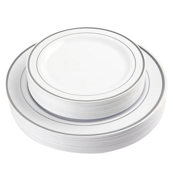 25 Guest Disposable Silver Party Dinnerware Set | Heavy Duty Plastic Plates & Silverware | Wedding Tableware includes 50 Forks, 25 Spoons, 25 Knives, 25 Dinner Plates, 25 Dessert Plates (150 pieces)
