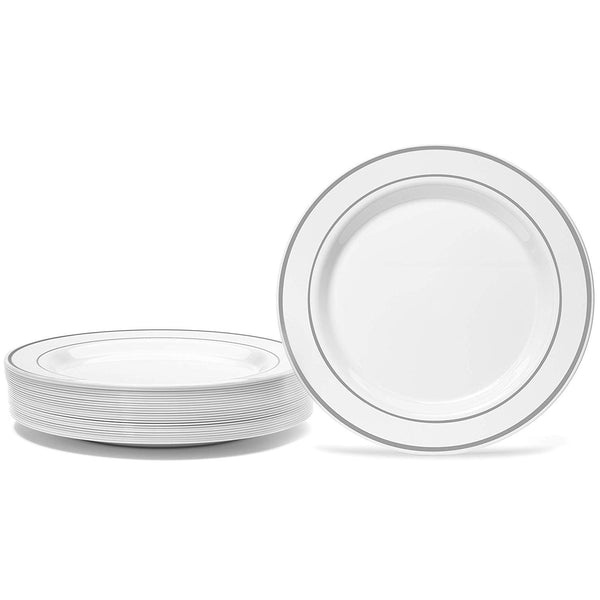 50 Plastic Disposable Dinner Plates | 10.25 inches White with Silver Rim Real China Look | Ideal for Weddings, Parties, Catering | Heavy Duty & Non Toxic (50-Pack) by BloominGoods