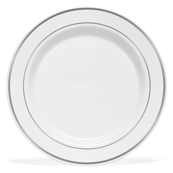 BloominGoods - Disposable Plastic plates, White with SILVER Rim - 10.25" Dinner Plates (100-pack)