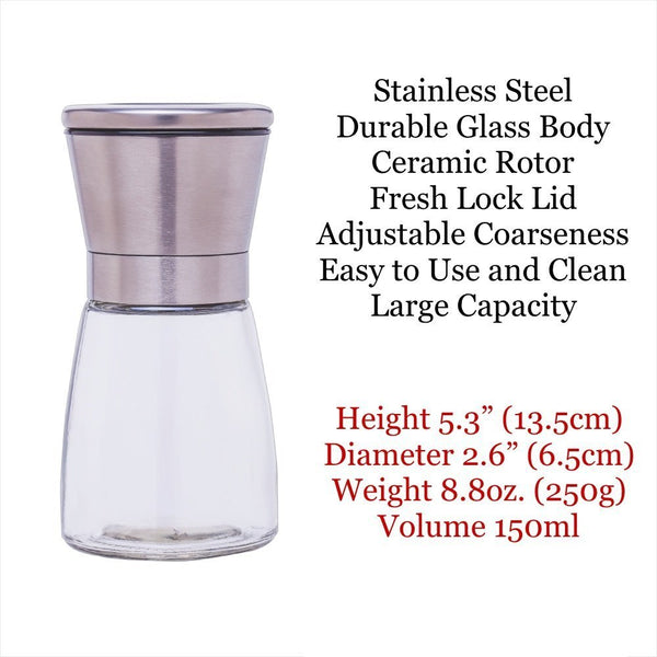 Premium Stainless Steel Salt and Pepper Grinder (Set of 2) - 6 Oz Glass Base Pepper Mill and Salt Mill - Adjustable Coarseness Grind Setting Salt and Pepper Shakers by Bloomingoods