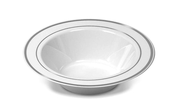 50 Disposable White Silver Trim Plastic Dessert Bowls | SMALL 6 oz. Premium Heavy Duty Disposable Dinnerware with Real China Design | Safe & Reusable and Great for Parties (50-Pack) by Bloomingoods