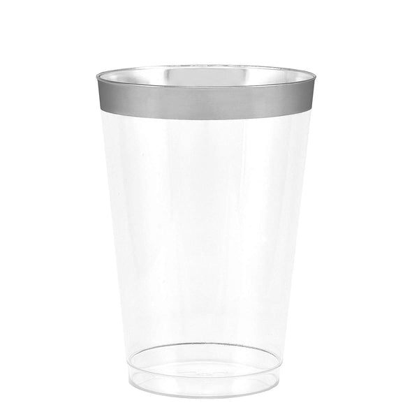 50 Silver Rimmed Clear Hard Plastic Cups | 14 oz. Fancy Disposable Wedding Tumblers for Party & Wedding (50-Pack)