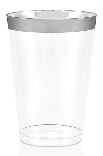 50 Silver Rimmed Clear Hard Plastic Cups | 16 oz. Fancy Disposable Wedding Tumblers for Party & Wedding (50-Pack)