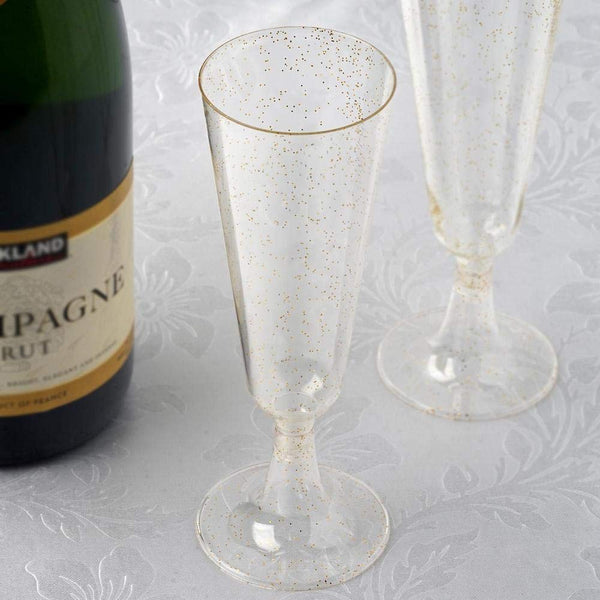 50 Gold Glitter Plastic Champagne Flutes | 5.5 oz. Clear Hard Disposable Party Cups | Premium Heavy Duty Fancy Champagne Flute or Toasting Glasses (50-Pack) by Bloomingoods