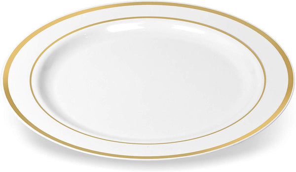 BloominGoods - Disposable Plastic plates, White with GOLD Rim - 10.25" Dinner Plates (100-pack)