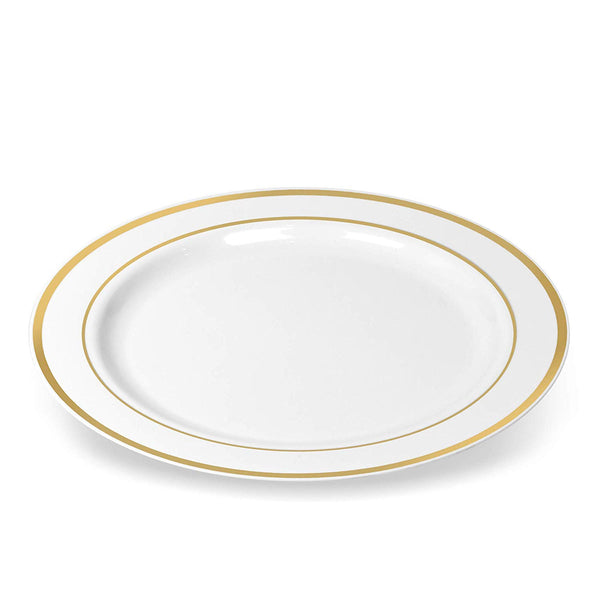 50 Plastic Disposable Dinner Plates | 10.25 inches White with Gold Rim Real China Look | Ideal for Weddings, Parties, Catering | Heavy Duty & Non Toxic (50-Pack) by BloominGoods