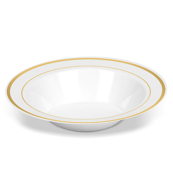 50 Disposable White Gold Trim Plastic Soup Bowls | 14 oz. Premium Heavy Duty Disposable Dinnerware with Real China Design | Safe & Reusable and Great for Parties or Weddings. (50-Pack) Gold