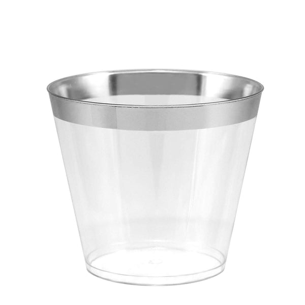 100 Silver Rimmed Clear Hard Plastic Cups | 9 oz. Fancy Disposable Tumblers (100-Pack) by Bloomingoods