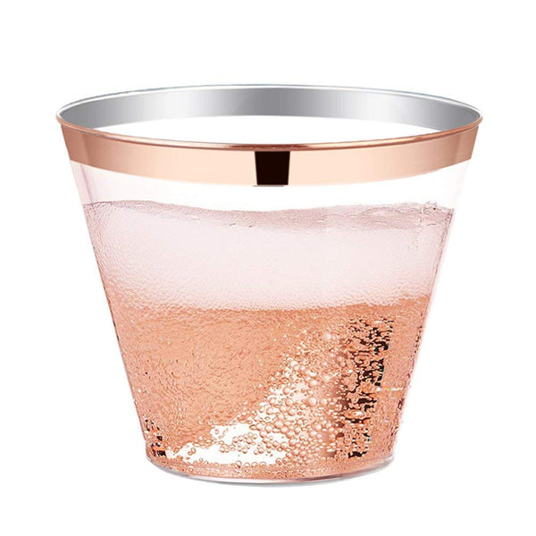 100 Rose Gold Rimmed Clear Hard Plastic Cups | 9 oz. Fancy Disposable Tumblers (100-Pack) by Bloomingoods