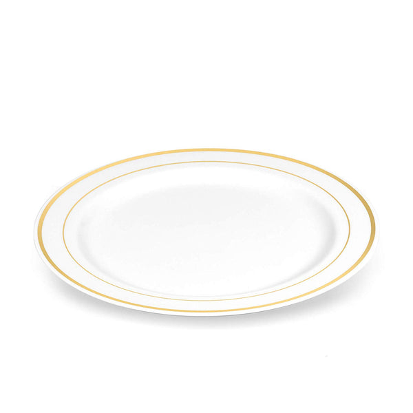 50 Plastic Disposable Dessert/Appetizer Plates | 7.5 inches White with Gold Rim Real China Look | Ideal for Weddings, Parties, Catering | Heavy Duty & Non Toxic (50-Pack) by BloominGoods