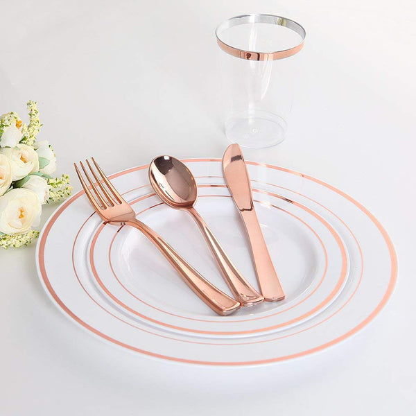 25 Guest Disposable Rose Gold Dinnerware Set | Heavy Duty Plastic Plates, Cups & Silverware. 50 Forks, 25 Spoons, 25 Knives, 25 Dinner Plates, 25 Dessert Plates & 25 Rose Gold Rimmed Tumblers (175 pc)