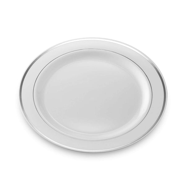 50 Plastic Disposable Dessert/Appetizer Plates | 7.5 inches White with Silver Rim Real China Look | Ideal for Weddings, Parties, Catering | Heavy Duty & Non Toxic (50-Pack) by BloominGoods