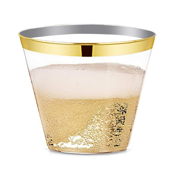 100 Gold Rimmed Clear Hard Plastic Cups | 9 oz. Fancy Disposable Tumblers (100-Pack) by Bloomingoods