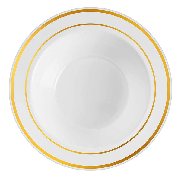 50 Disposable White Gold Trim Plastic Dessert Bowls | SMALL 6 oz. Premium Heavy Duty Disposable Dinnerware with Real China Design | Safe & Reusable and Great for Parties (50-Pack) by Bloomingoods