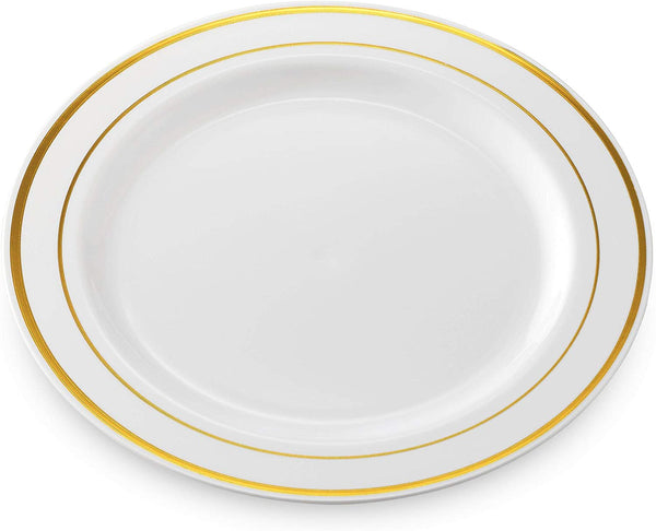 BloominGoods - Disposable Plastic plates, White with GOLD Rim - 7.5" Dessert Plate (100-pack)