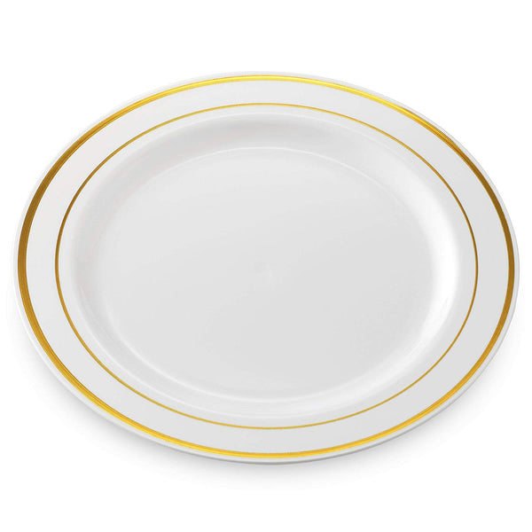 50 Plastic Disposable Dinner Plates | 10.25 inches White with Gold Rim Real China Look | Ideal for Weddings, Parties, Catering | Heavy Duty & Non Toxic (50-Pack) by BloominGoods