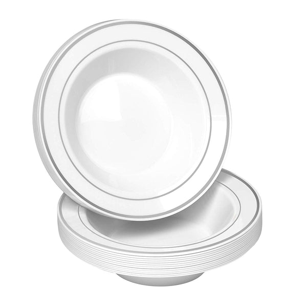 50 Disposable White Silver Rimmed Plastic Soup Bowls | 14 oz. Premium Heavy Duty Disposable Dinnerware with Real China Design | Safe & Reusable (50-Pack White/Silver Trim) by Bloomingoods