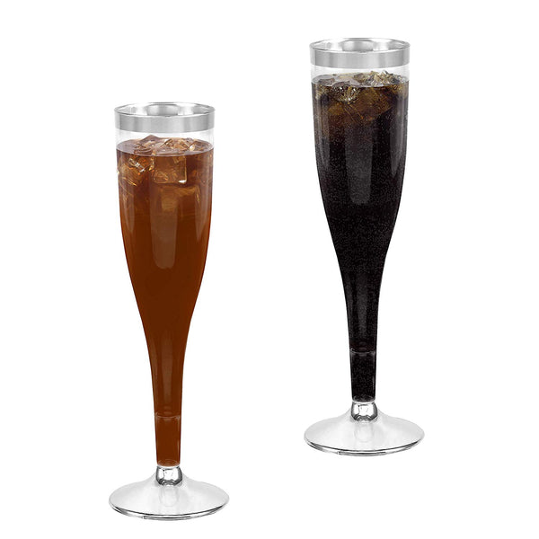 Plastic Champagne Glasses with Silver Rim, 50-Pack Disposable or Reusable Wine Glasses, 7 oz