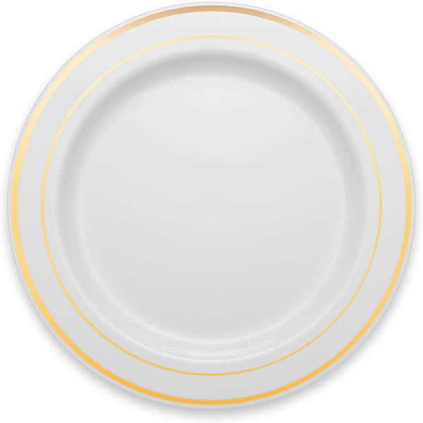 BloominGoods - Disposable Plastic plates, White with GOLD Rim - 10.25" Dinner Plates (100-pack)