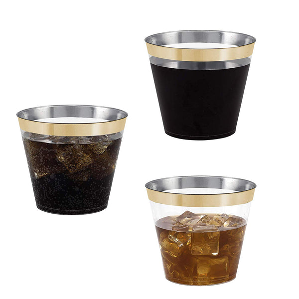 100 Gold Rimmed Clear Hard Plastic Cups | 9 oz. Fancy Disposable Tumblers (100-Pack) by Bloomingoods