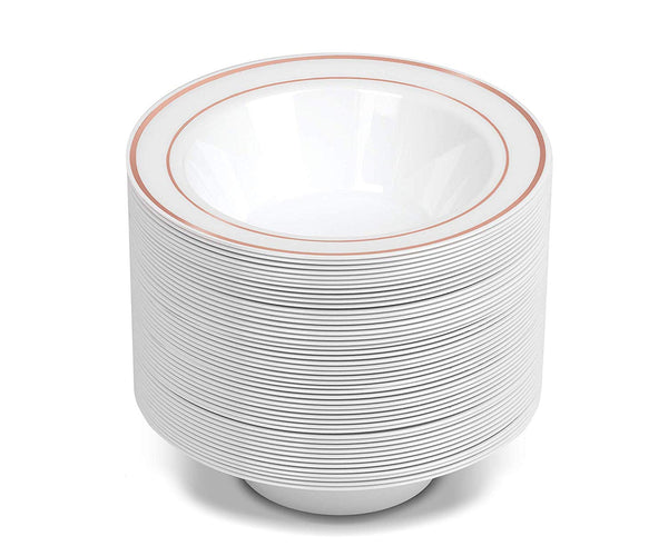 BloominGoods - Disposable Plastic plates, White with ROSE GOLD Rim - 6-Ounce Dessert Bowls (100-pack)