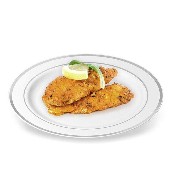 BloominGoods - Disposable Plastic plates, White with SILVER Rim - 10.25" Dinner Plates (100-pack)