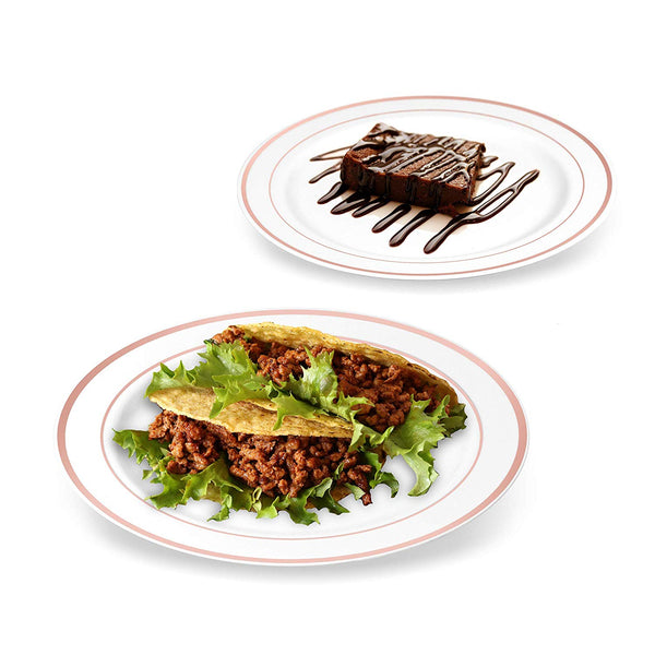 25 Guest Disposable Rose Gold Dinnerware Set | Heavy Duty Plastic Plates, Cups, Silverware & Napkins. 50 Forks, 25 Spoons, 25 Knives, 25 Dinner Plates, 25 Dessert Plates, 25 Cups & 50 Guest Towels