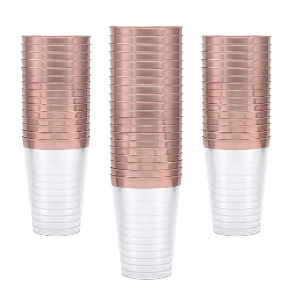 50 Rose Gold Rimmed Clear Hard Plastic Cups | 10 oz. Fancy Disposable Wedding Tumblers for Party & Wedding (50-Pack) by Bloomingoods