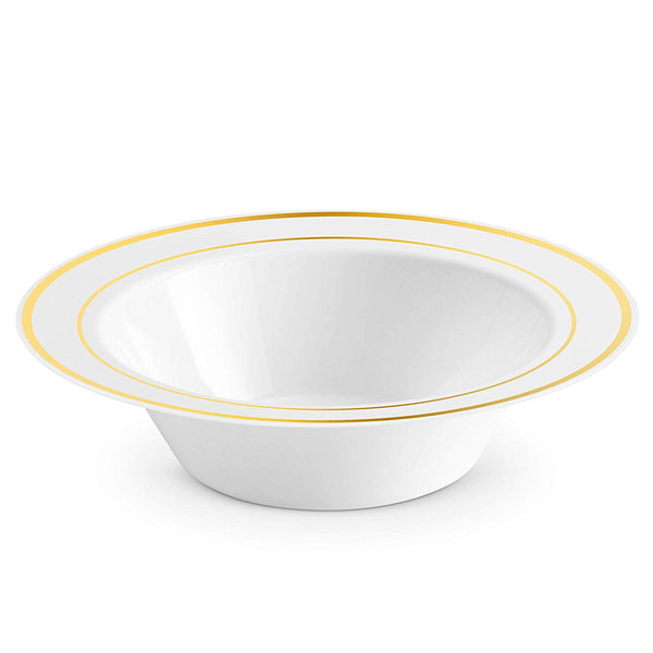 BloominGoods - Disposable Plastic plates, White with GOLD Rim - 14-Ounce Soupe Bowls (100-pack)