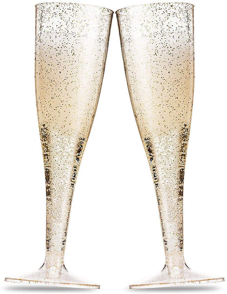 Plastic Champagne Glasses with Gold Glitter, 100-Pack Disposable or Reusable Large Champagne Flutes, 7 oz