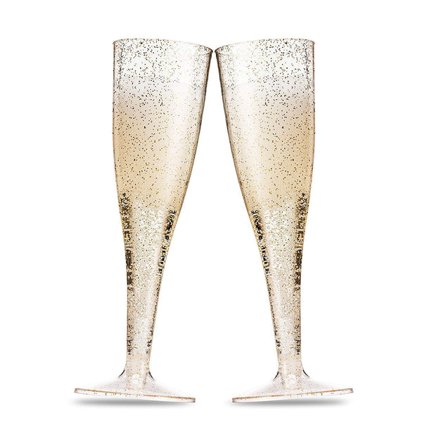 Plastic Champagne Glasses with Gold Glitter, 50-Pack Disposable or Reusable Large Champagne Flutes, 7 oz