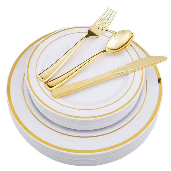 25 Guest Disposable Gold Party Dinnerware Set | Heavy Duty Plastic Plates & Silverware | Wedding Tableware set includes 50 Forks, 25 Spoons, 25 Knives, 25 Dinner Plates, 25 Dessert Plates (150 pieces)
