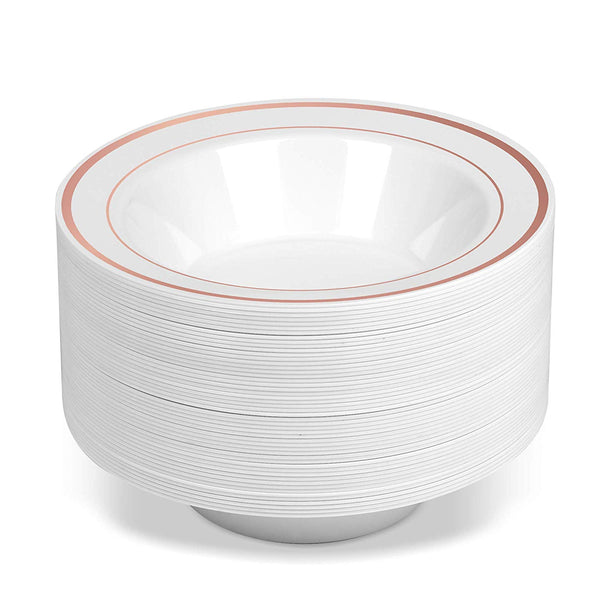 50 Disposable White with Rose Gold Trim Plastic Soup Bowls | 14 oz. Premium Heavy Duty Disposable Dinnerware with Real China Design | Safe & Reusable and Great for Parties or Weddings. (50-Pack)