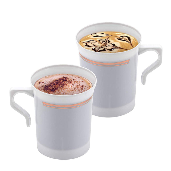 50 Heavyweight Disposable Plastic 8 oz. Coffee Mugs with Rose Gold Trim | Tea, Cappuccino, Espresso Cups with Handles (50-Pack) by Bloomingoods