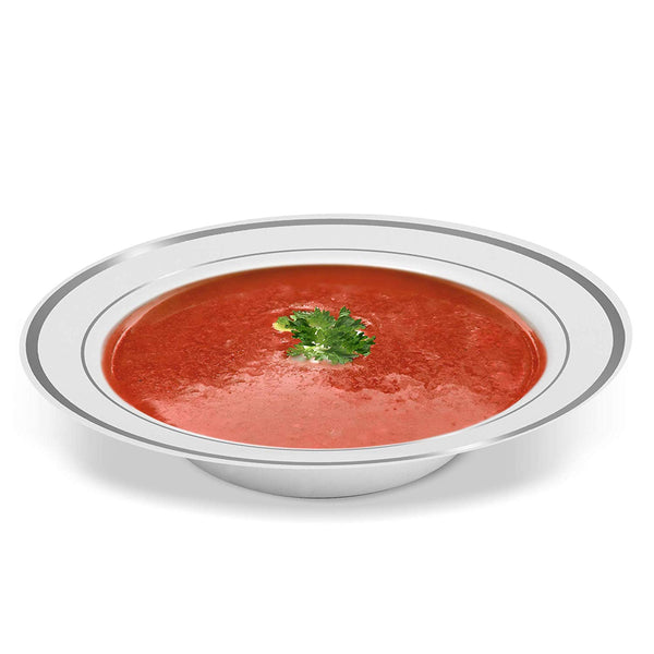 50 Disposable White Silver Rimmed Heavy Duty Plastic Bowls | 25 14 oz. Soup Bowls and 25 6 oz. Dessert/Appetizer Bowls | Premium Combo Disposable Dinnerware with Real China Design | Great for Parties