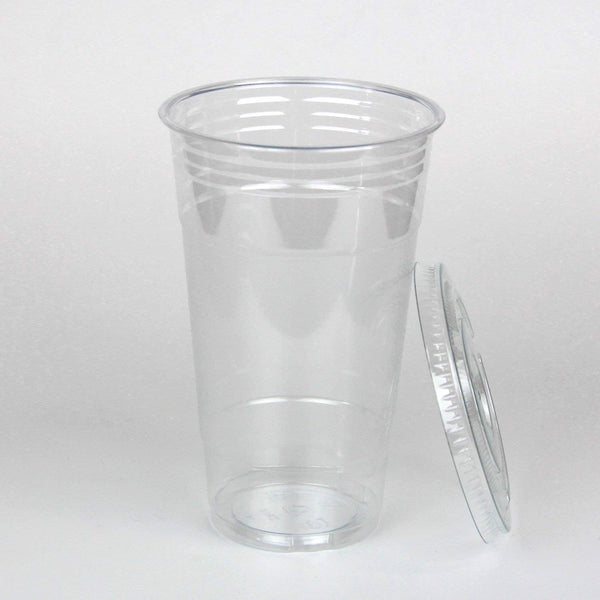 100 Smoothie Cups with Flat Lids | 24 oz. Disposable Plastic Tumblers for Iced Coffee, Boba Tea, Cold Juices, and To Go Drinks by BloominGoods