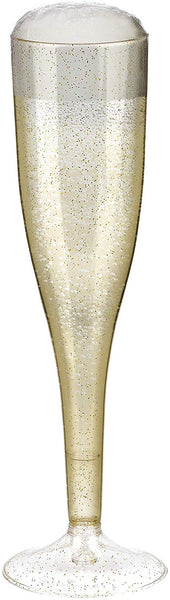Plastic Champagne Glasses with Gold Glitter, 100-Pack Disposable or Reusable Large Champagne Flutes, 7 oz